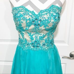 La Femme Aqua Blue Teal Prom Pageant Dress Chiffon Lace High Low Strapless Gown